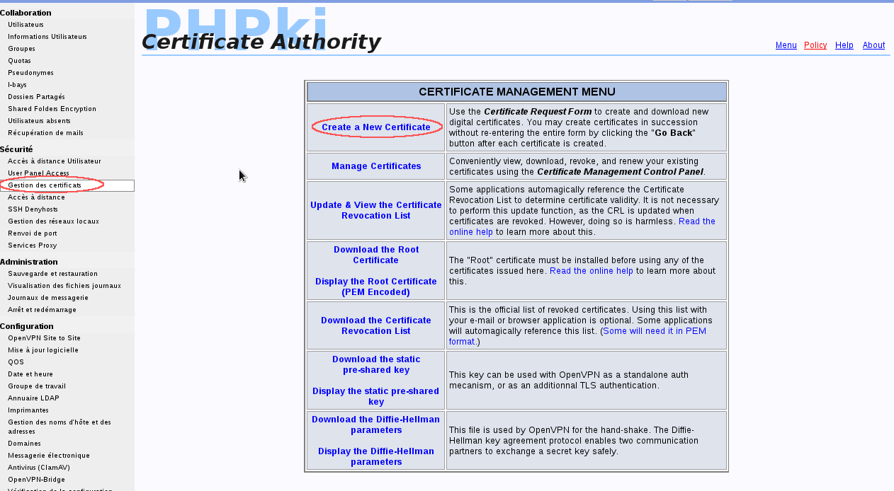 Interface de gestion des certificats