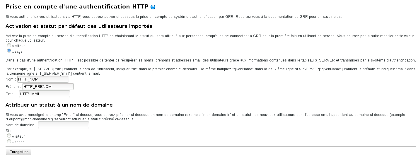 Configuration de l'authentification par HTTP (émulée par LemonLDAP::NG)